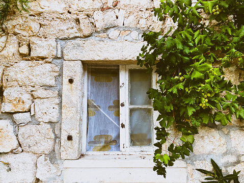 Ventana retro en antigua casa de piedra y parte de la vid. Concepto mediterráneo. photo