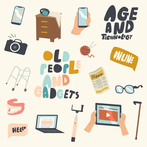 Vector illustration of Set of Icons Seniors and Gadget Theme. Old People Use Devices Tablet Pc, Laptop and Smartphone, Smart Watches and Camera