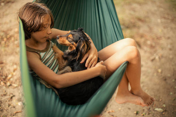 istock Boy relaxing in hammock with her dog 1268084368