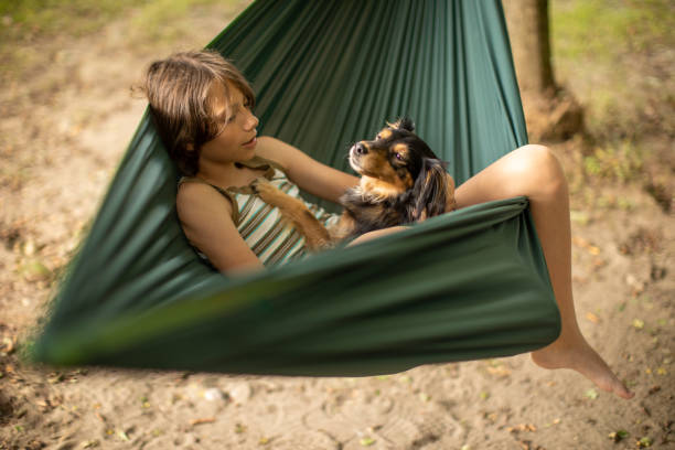 istock Boy relaxing in hammock with her dog 1268084371