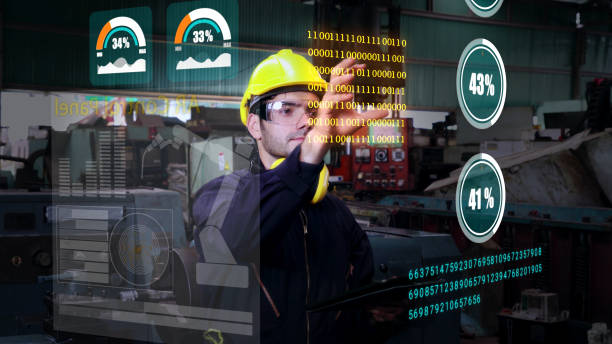 istock Factory worker use future holographic screen device to control manufacturing 1268084785