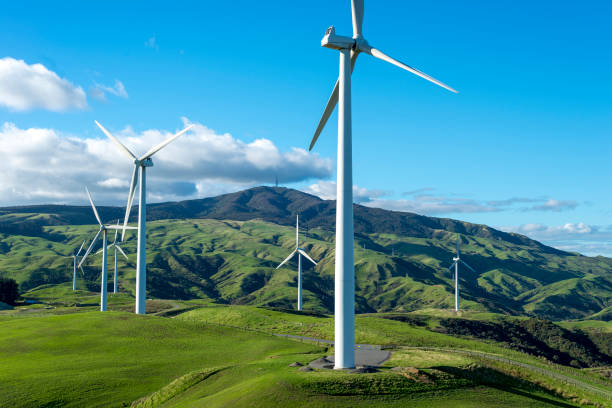 The Te Apiti Wind Farm in New Zealand The Te Apiti Wind Farm in the Tararua Ranges near Palmerston North showing the rolling rural landscape manawatu stock pictures, royalty-free photos & images