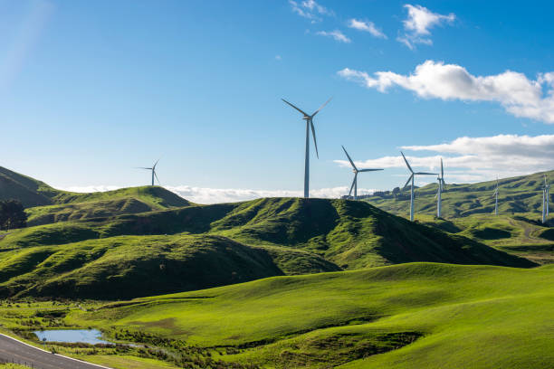 The Te Apiti Wind Farm in New Zealand The Te Apiti Wind Farm in the Tararua Ranges near Palmerston North showing the rolling rural landscape manawatu stock pictures, royalty-free photos & images