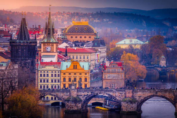 istock Prague panorama with Charles Bridge at sunset – Czech Republic 1268112763
