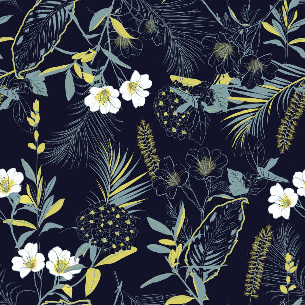 ciemny las kwitnący ogród zarys i ręcznie malowanie kwiatów wiele rodzajów kwiatów w bezszwowy wzór ilustracji wektorowej - unfinish stock illustrations
