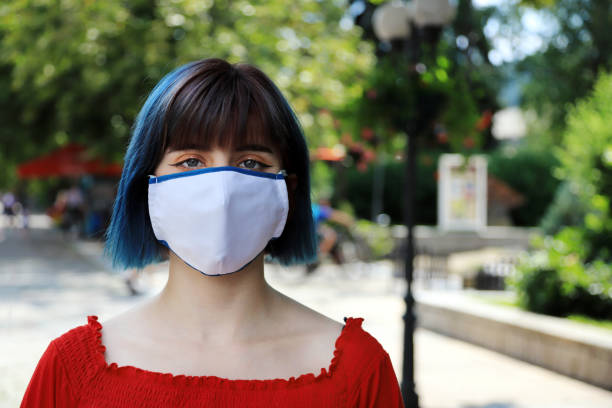 istock Young woman wearing face protective mask 1268120050