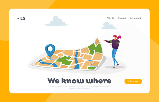 Navigation, Orienteering Traveling Landing Page Template. Tiny Female Character Stand at Huge Map with Gps Pin Finding Way in Big City. Satellite Geolocation Positioning. Cartoon Vector Illustration
