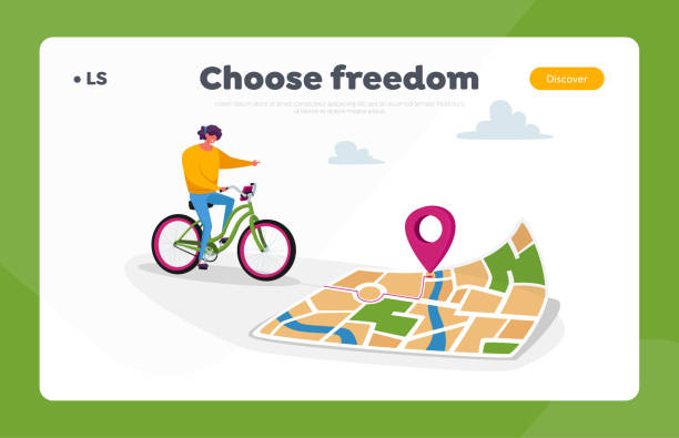 gps landing page vorlage. weibliche charakter reiten fahrrad verwenden karte oder smartphone app, um den richtigen weg in big city zu finden - people traveling global positioning system travel mobile phone stock-grafiken, -clipart, -cartoons und -symbole