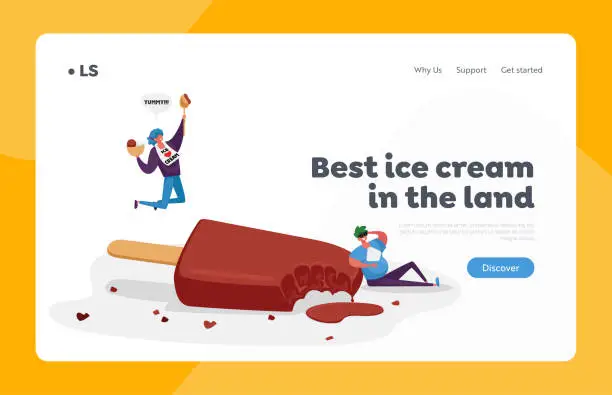 Vector illustration of Chocolate Ice Cream Sweet Dessert Landing Page Template. Tiny Happy Characters Eating Huge Ice Cream Popsicle on Stick