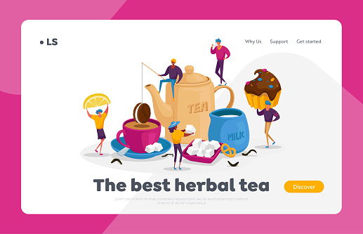 People Drinking Tea Landing Page Template. , Hot Drinks Party. Tiny Characters at Huge Teapot, Cup with Beverage and Milk. Woman Hold Lemon Slice, Man with Cookies. Cartoon People Vector Illustration