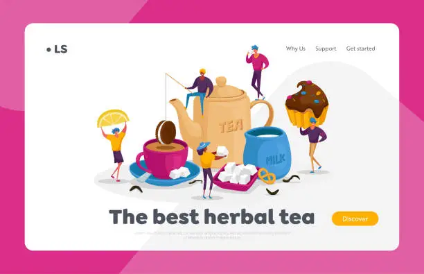 Vector illustration of People Drinking Tea Landing Page Template. , Hot Drinks Party. Tiny Characters at Huge Teapot Cup with Beverage and Milk