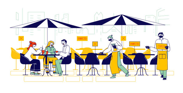 Restaurant Disinfection, Coronavirus Infection Spreading Prevention. Characters Sit at Outdoor Cafe, Waiter Clean Desk Restaurant Disinfection, Coronavirus Infection Spreading Prevention. Characters Sit at Outdoor Cafe, Waiter Cleaning Desk with Disinfectant or Antibacterial Liquid. Linear People Vector Illustration restaurant masks stock illustrations