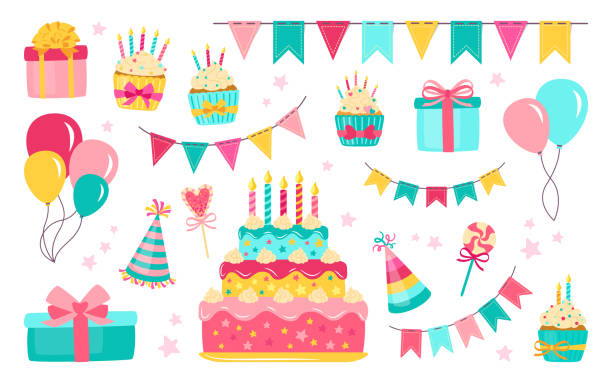 ilustrações, clipart, desenhos animados e ícones de elementos de aniversário definem vetor de caixa de presente colorido - birthday cupcake cake candy