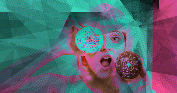 istock Woman in a wig with donuts 1268128595