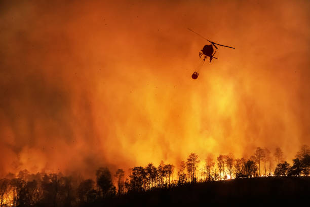 hélicoptère de lutte contre l’incendie transporter seau d’eau pour éteindre l’incendie de forêt - phénomène climatique extrême photos et images de collection