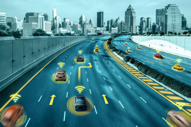 concepto de sistema de sensor de coche autónomo para la seguridad del control de coche en modo sin conductor - carretera de campo fotografías e imágenes de stock