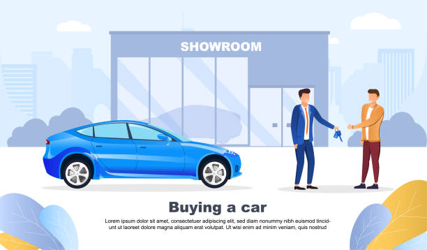 Man buying a car from a motor dealership Man buying a car from a motor dealership with the salesman handing him the keys, colored vector illustration car sales stock illustrations