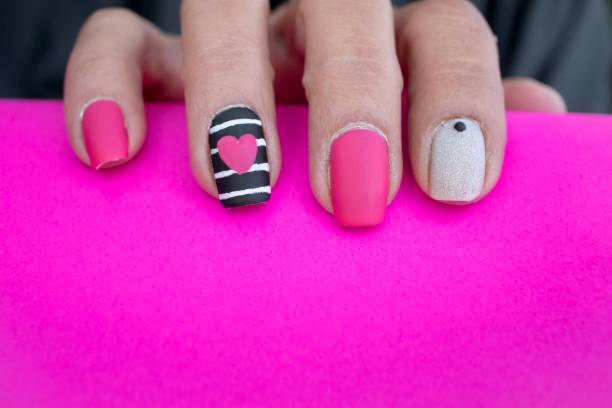 Hot Pink Heart Nail Art Design Stock Photo - Download Image Now - Manicure,  Striped, Acrylic Painting - iStock