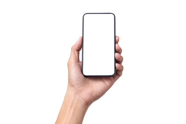 istock Hand man holding mobile smartphone with blank screen isolated on white background with clipping path 1268137308