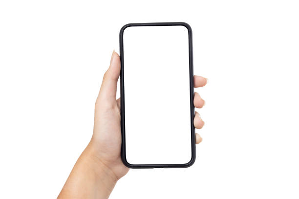 istock Hand young woman holding mobile smartphone with blank screen isolated on white background with clipping path 1268137309