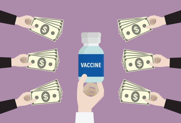 stockillustraties, clipart, cartoons en iconen met de bedrijfspersoon die een bankbiljet van de dollar gebruikt koopt een vaccin - rigging