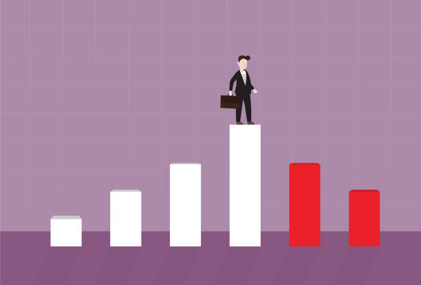 Businessman stands on a top of the bar graph and looks to below bar graph Analyzing, Banking, Market, Financial, World economy, Stock market, Regression falling dow stock illustrations