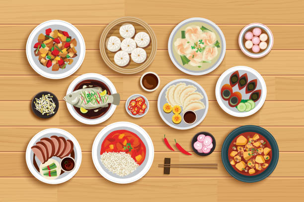 chinesisches essen auf der oberseite ansicht holzhintergrund. - sweet and sour chicken chicken rice vegetable stock-grafiken, -clipart, -cartoons und -symbole