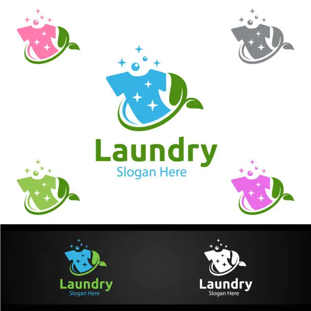Vector illustration of Eco Laundry Dry Cleaners Symbol with Clothes, Water and Washing Concept