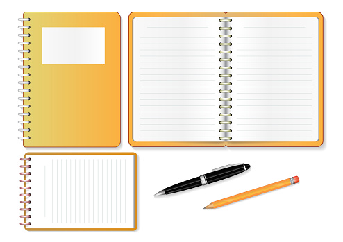 Notebooks, notepads, pen, and pencil isolated on white background. Decorative design elements.
