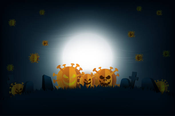 ilustrações, clipart, desenhos animados e ícones de noite assustadora de halloween na prevenção covid-19, estilo de arte de papel de fundo coronavirus. - sentinels of the tomb