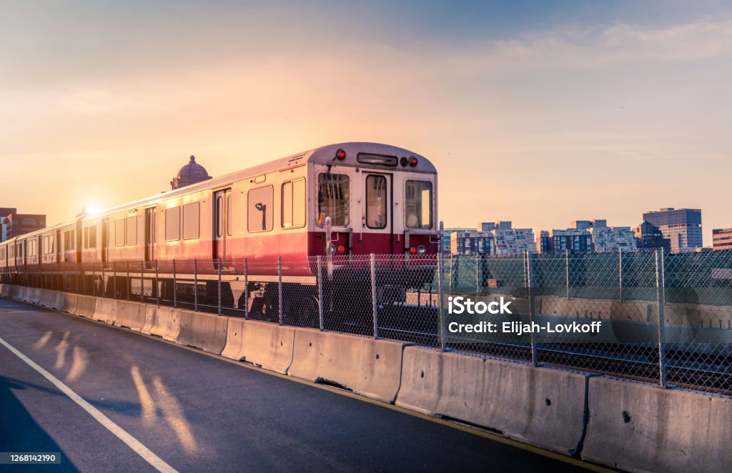 Boston subway lines, train crossing Longfellow bridge over scenic Charles river Boston - Massachusetts Stock Photo