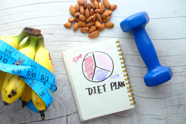 istock Diet plan with almond nut, dumbbells, banana on table . 1268142902