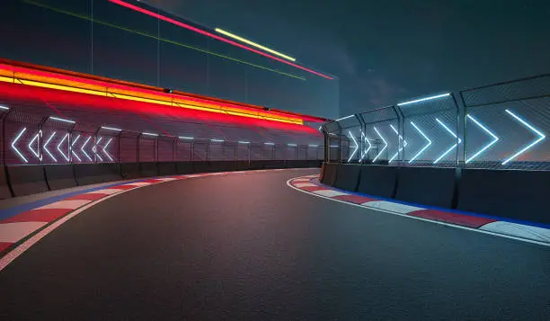 Night scene modern international race track with railing and neon light arrow sign. 3d rendering