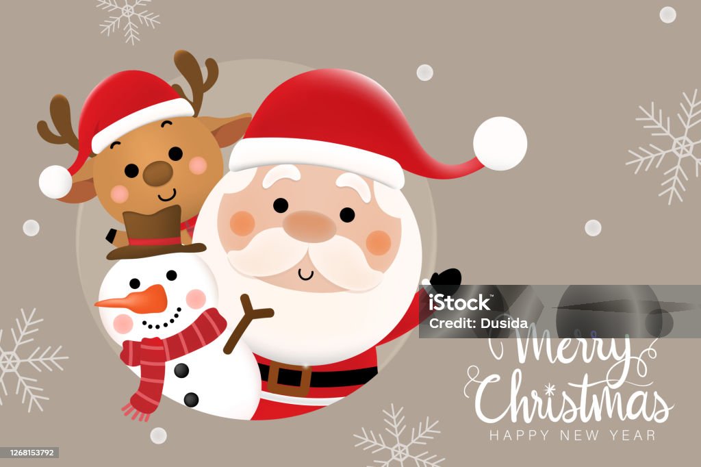 Merry Christmas And Happy New Year 2021 Greeting Card With Cute Santa Claus  Deer And Snowman Holiday Cartoon Character In Winter Season Vector Stock  Illustration - Download Image Now - iStock