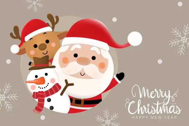 Vector illustration of Merry Christmas and happy new year 2021 greeting card with cute Santa Claus, deer and snowman. Holiday cartoon character in winter season. -Vector.