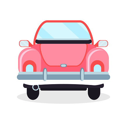 Retro car, back view of old vehicle, pink cabriolet in flat design style, wheels and motor, light and glass, side mirrors, old-fashion automobile vector
