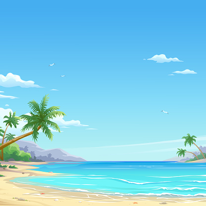 Vector illustration of a beautiful white sand beach with palm trees and a cloudy deep blue sky in the background. Illustration with space for text.