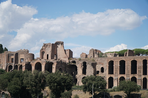 Ancient ruins on the Palatine Hill seen from the Roman Forum in Rome