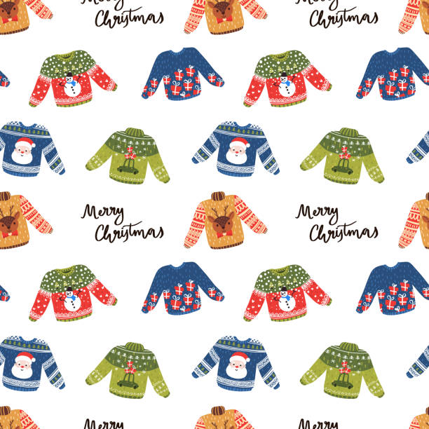 ilustraciones, imágenes clip art, dibujos animados e iconos de stock de divertido navidad feo suéteres sin costura patrón - ugliness sweater kitsch holiday