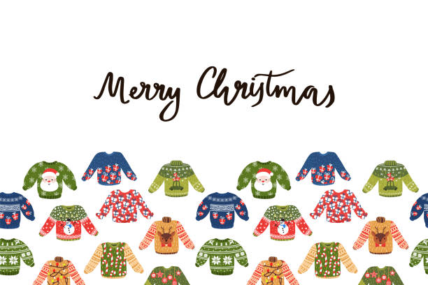 ilustraciones, imágenes clip art, dibujos animados e iconos de stock de divertido navidad suéteres feos frontera sin costuras - ugliness sweater kitsch holiday