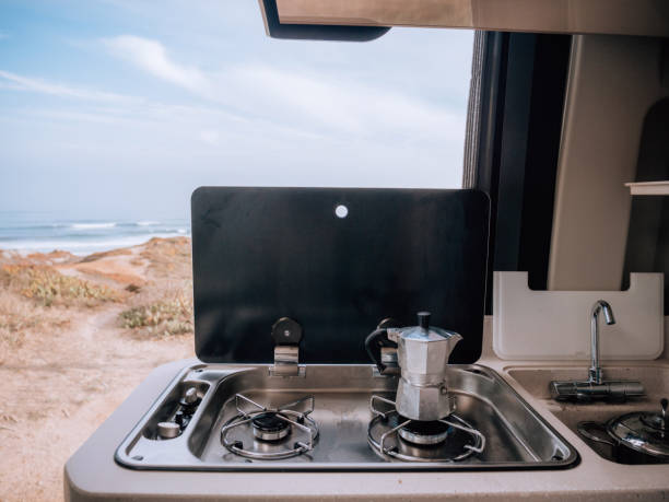 Coffee on stoves in motorhome overlooking ocean