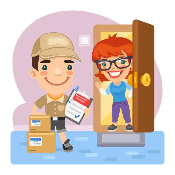 Vector illustration of Cartoon Deliveryman and Customer
