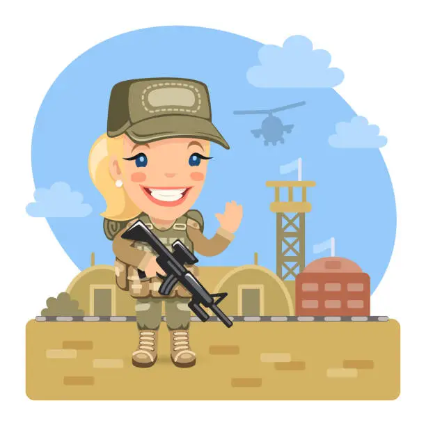 Vector illustration of Cartoon Woman Soldier at the Military Base