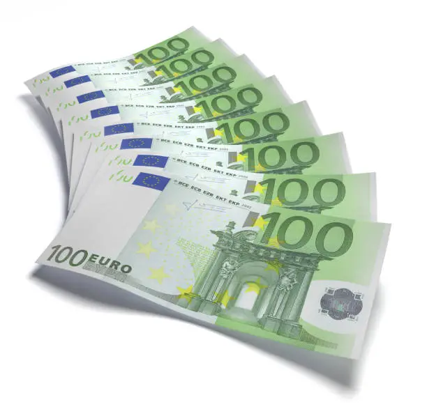 100 Euro banknotes stack formation on white background