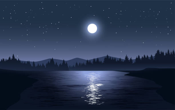 illustrazioni stock, clip art, cartoni animati e icone di tendenza di chiaro di luna sul fiume - moonlight