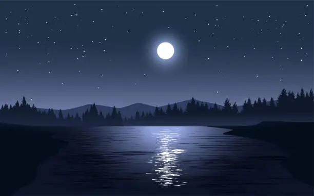 Vector illustration of Moonlight at river