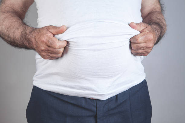 Caucasian fat man with big belly.