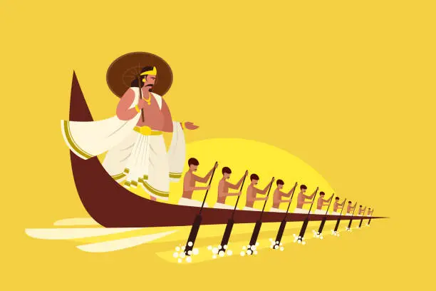 Vector illustration of Mythical king of Kerala 'Mahabali' leading a snake boat team of oarsmen in the traditional boat race