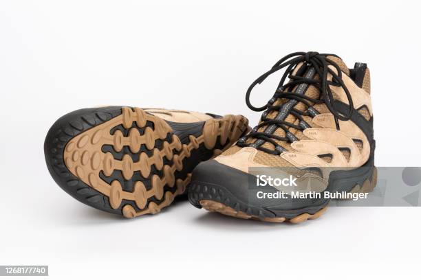 Light Brown Womens Hiking Shoes With A Visible Shoe Sole Stock Photo - Download Image Now