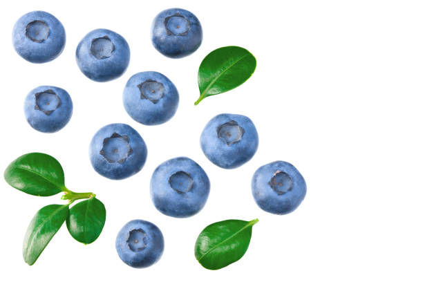 istock blueberries with leaves isolated on white background. top view. healthy background. 1268182422